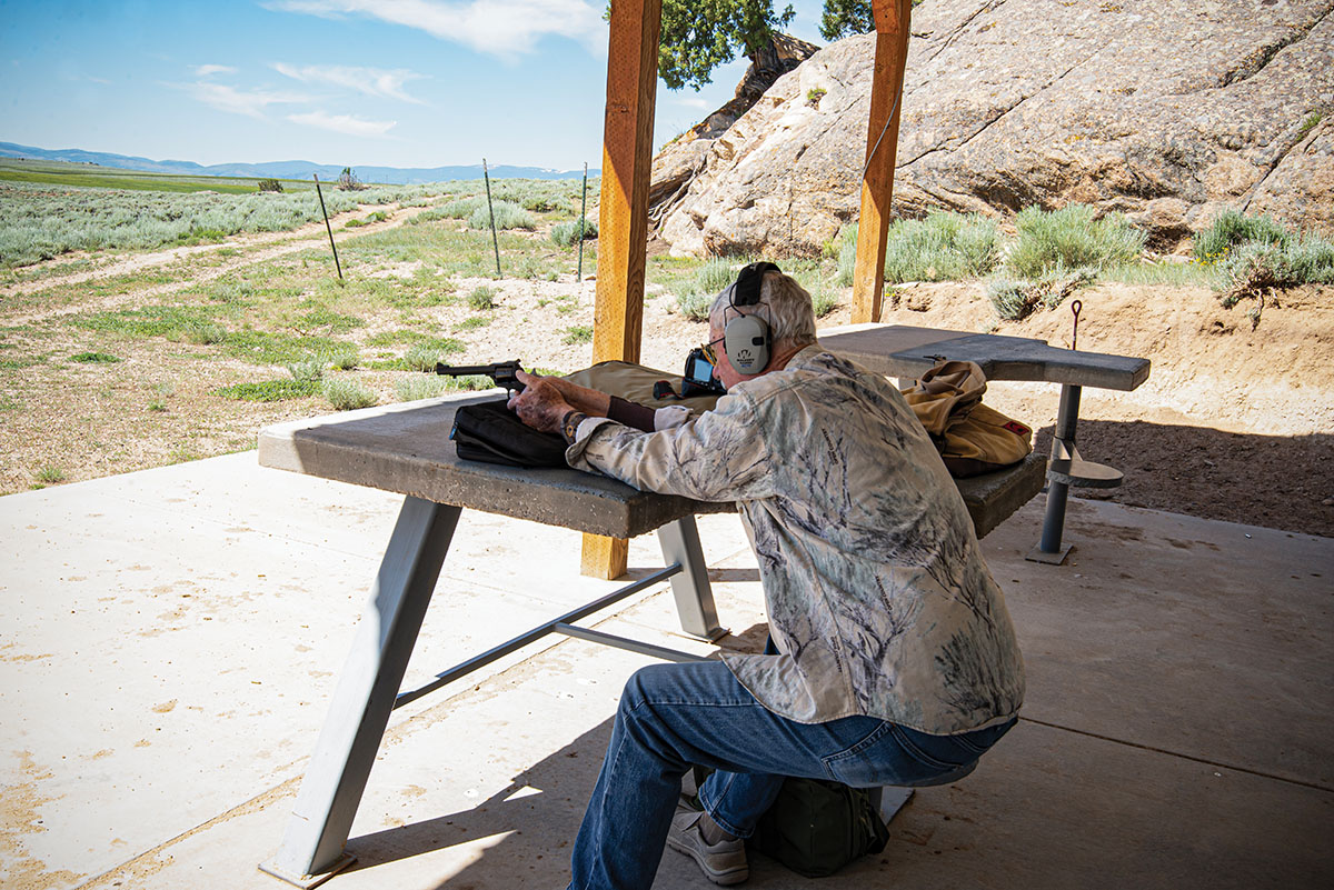 Dick Williams confirms that his new Ruger Super Wrangler with both 22LR and 22 Magnum cylinders is sighted-in on the magnificent rifle range on the Spur Ranch near Saratoga, Wyoming. 2023 Lacey Polacek photo.
